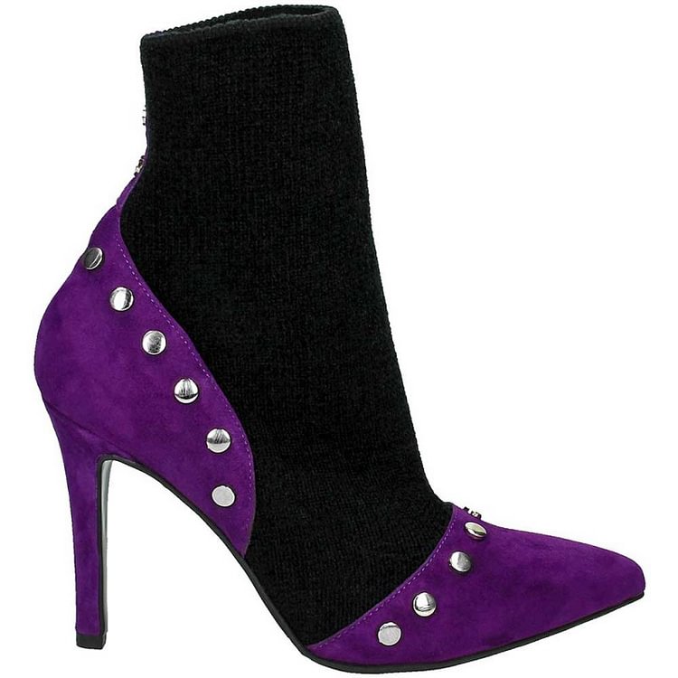 Purple and Black Sock Boots Studs Stiletto Heels Ankle Booties |FSJ Shoes
