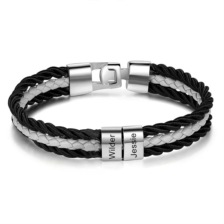 Mens Leather Bracelet Braided Layered Leather with 2 Beads Silver and Gold