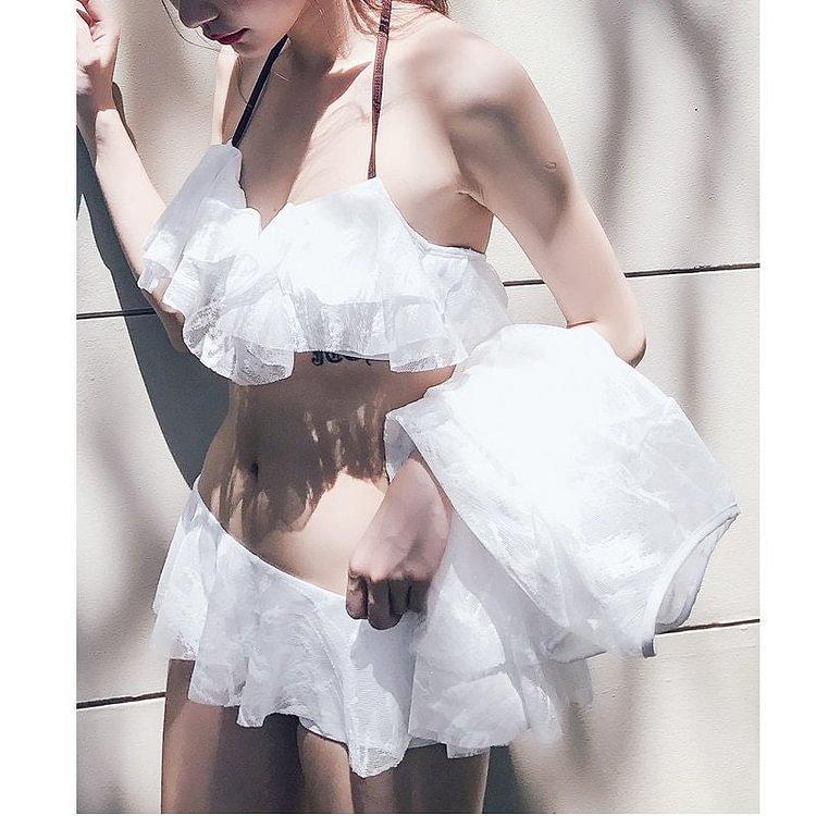 Kawaii Set: Ruffle Trim Bikini + Lace Cover-Up YP1196