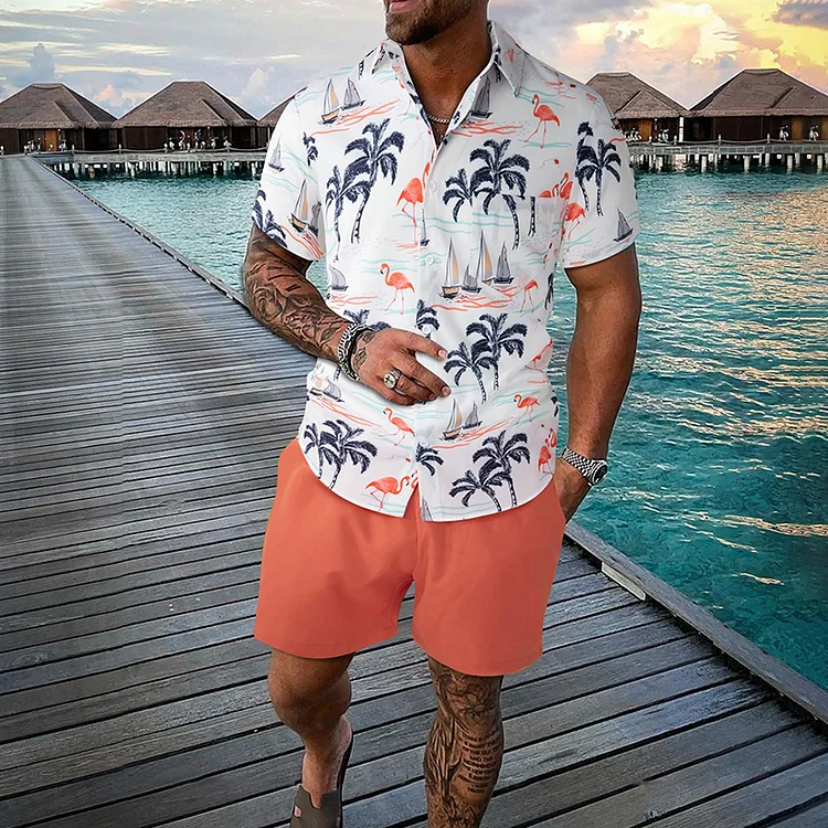 Comstylish Hawaiian Vacation Men Tropical Print Short Sleeved Two Piece Set