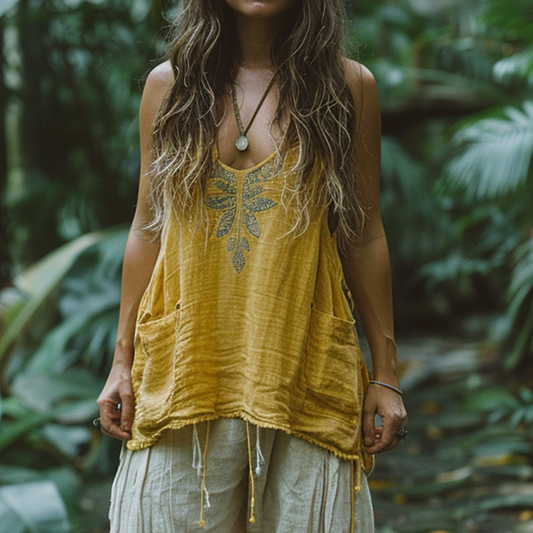 Retro Loose, Comfortable And Breathable Ethnic Style Linen V-neck Suspender Sleeveless Top