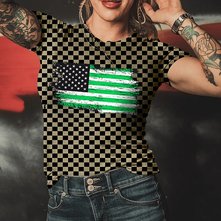 Spring And Summer New National Flag Creative Checkerboard Women'S Fashion T-Shirt