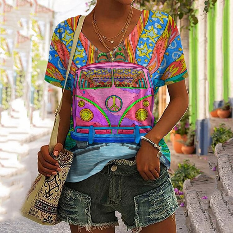 Hippie Peace Bus Print V-Neck Short Sleeve T-Shirt