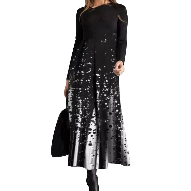Elegant Pleated Patchwork Floral Print for Women Round Neck Midi Dress Pullover Long Sleeve Dresses Loose Streetwear Vestidos - BlackFridayBuys