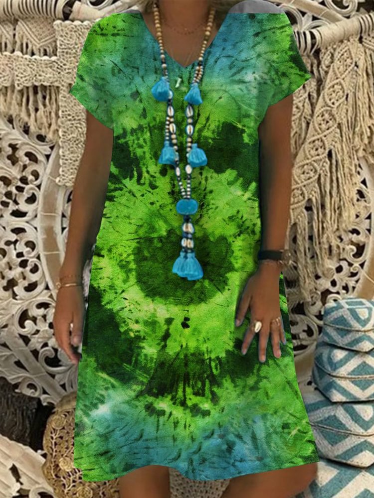 Fashion Tie Dye V Neck Loose Midi Dress P168096954
