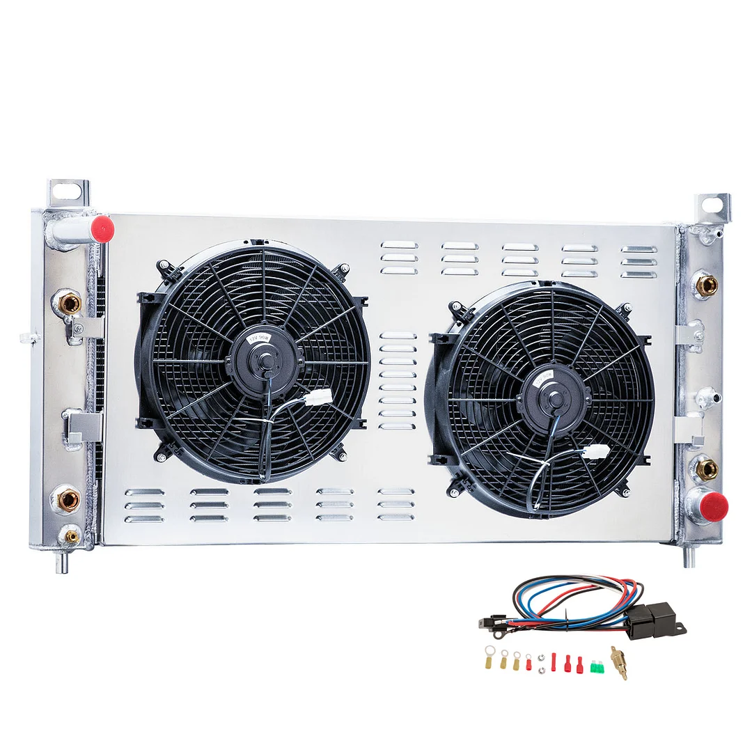 Alloyworks 2 Row Radiator Shroud Fan For 2001-2002 Chevy Silverado GMC Sierra 2500 HD 3500 8.1L 37-13/16"W x 19-7/16"H Core