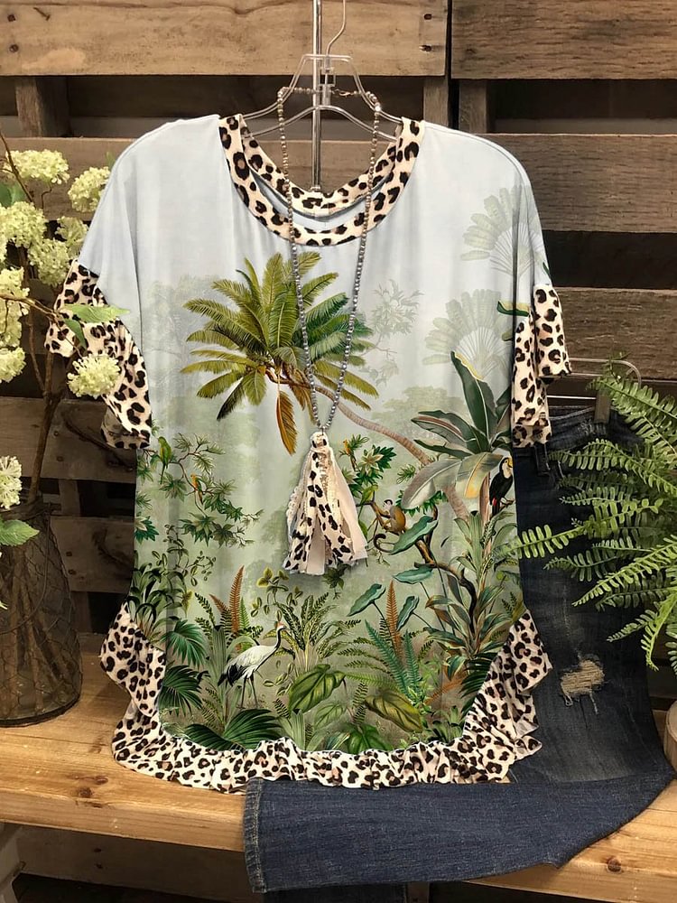 Bestdealfriday Tropical Plants Graphic Short Sleeve Round Neck Loose Top