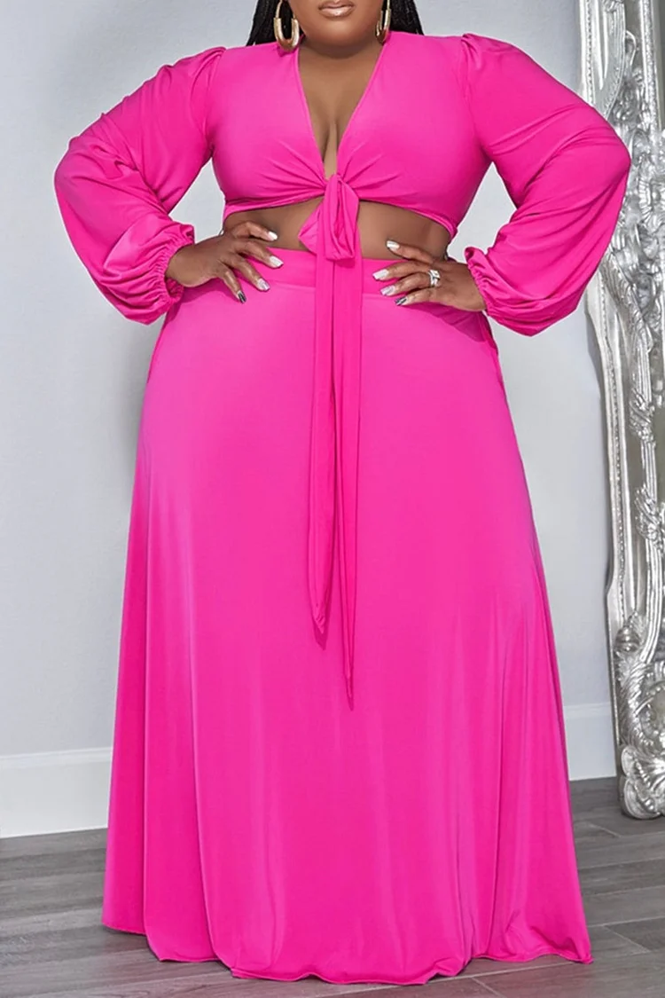 Rose Red Fashion Casual Solid Bandage V Neck Plus Size Two Pieces