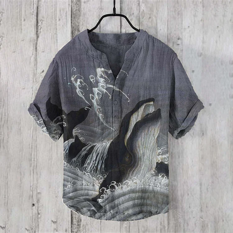 Comstylish Vintage Japanese Art Whale Wave Linen Blend Shirt