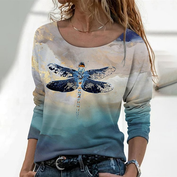 Casual Ombre Dragonfly Print T-Shirt