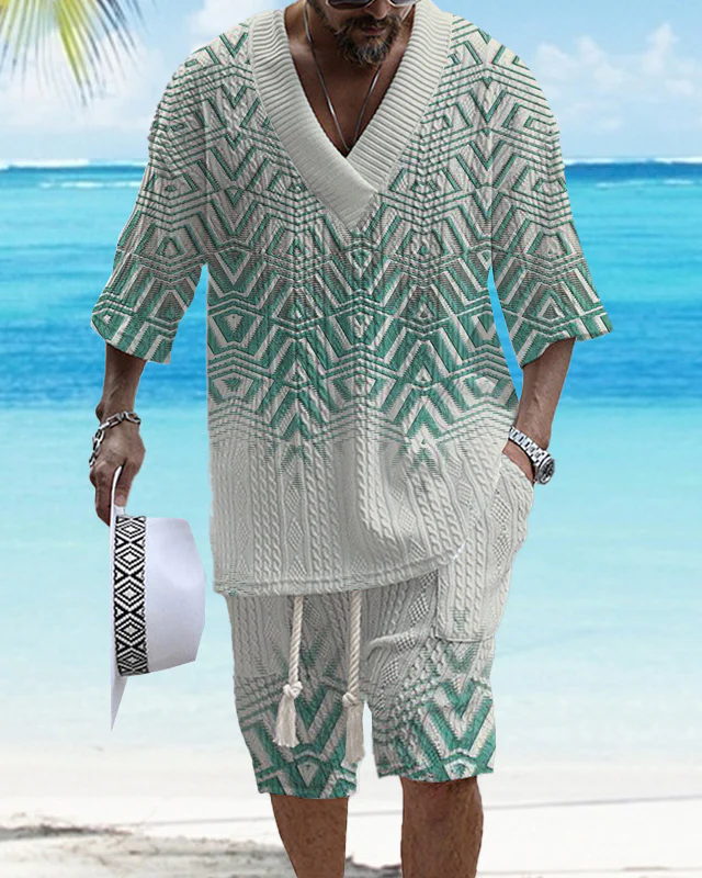 Men's V-neck luxury textured print shorts Set 008