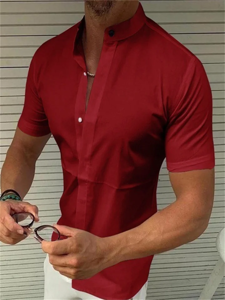 Men's Shirt Button Up Shirt Summer Shirt Casual Shirt Hot Pink Black White Pink Red Short Sleeve Plain Stand Collar Outdoor Street Button-Down Clothing Apparel Fashion Casual Breathable Comfortable-JRSEE