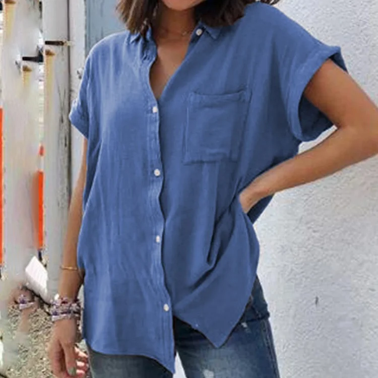 Women's Daily Linen Turndown Collar Buttons Chest Pocket Short Sleeve Blouse