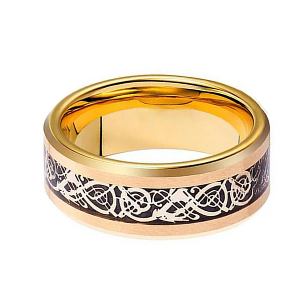 8mm Carbon Fiber Silver Celtic Dragon Inlay Gold Plated Beveled Edge Tungsten Carbide Ring