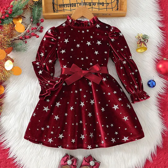 【3Y-7Y】Girls Sweet And Fashionable Silver Star Print Burgundy Velvet Party Dress