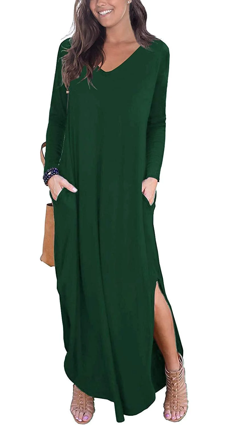 Women's Casual Loose Pocket Long Dress Long Sleeve Split Maxi Dresses