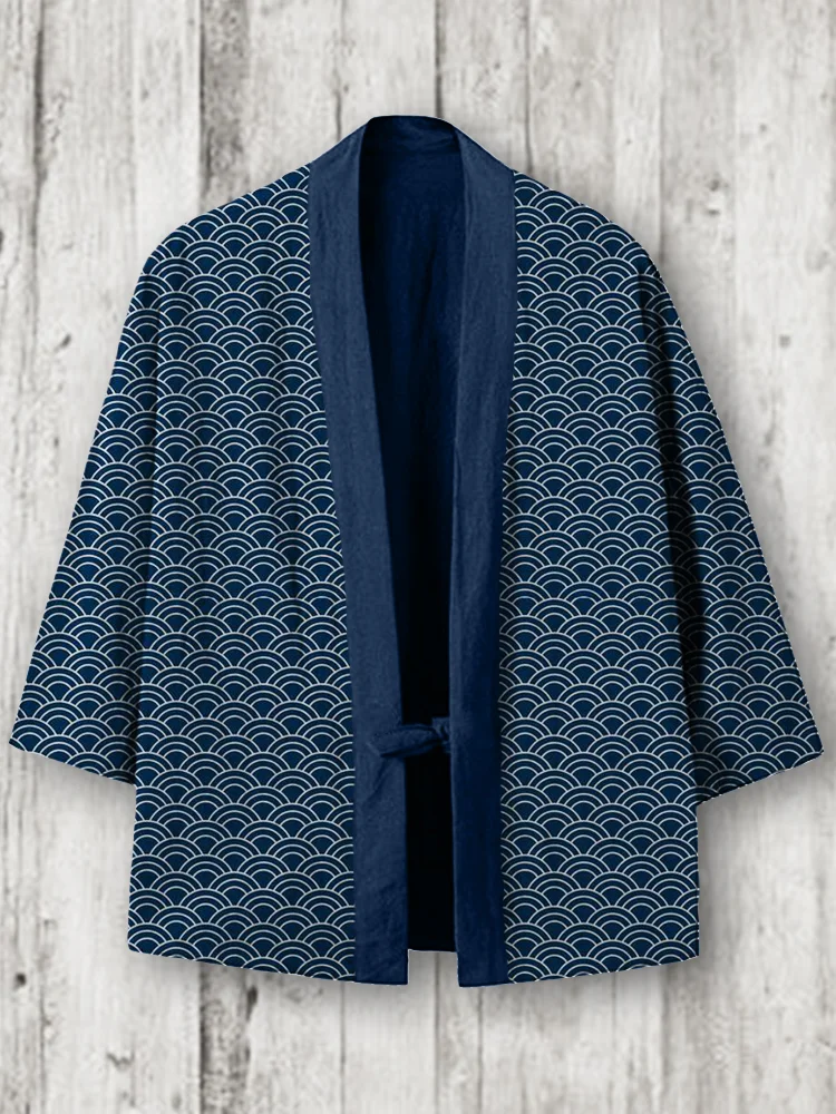 Comstylish Sea Waves Classic Japanese Pattern Linen Blend Kimono Cardigan