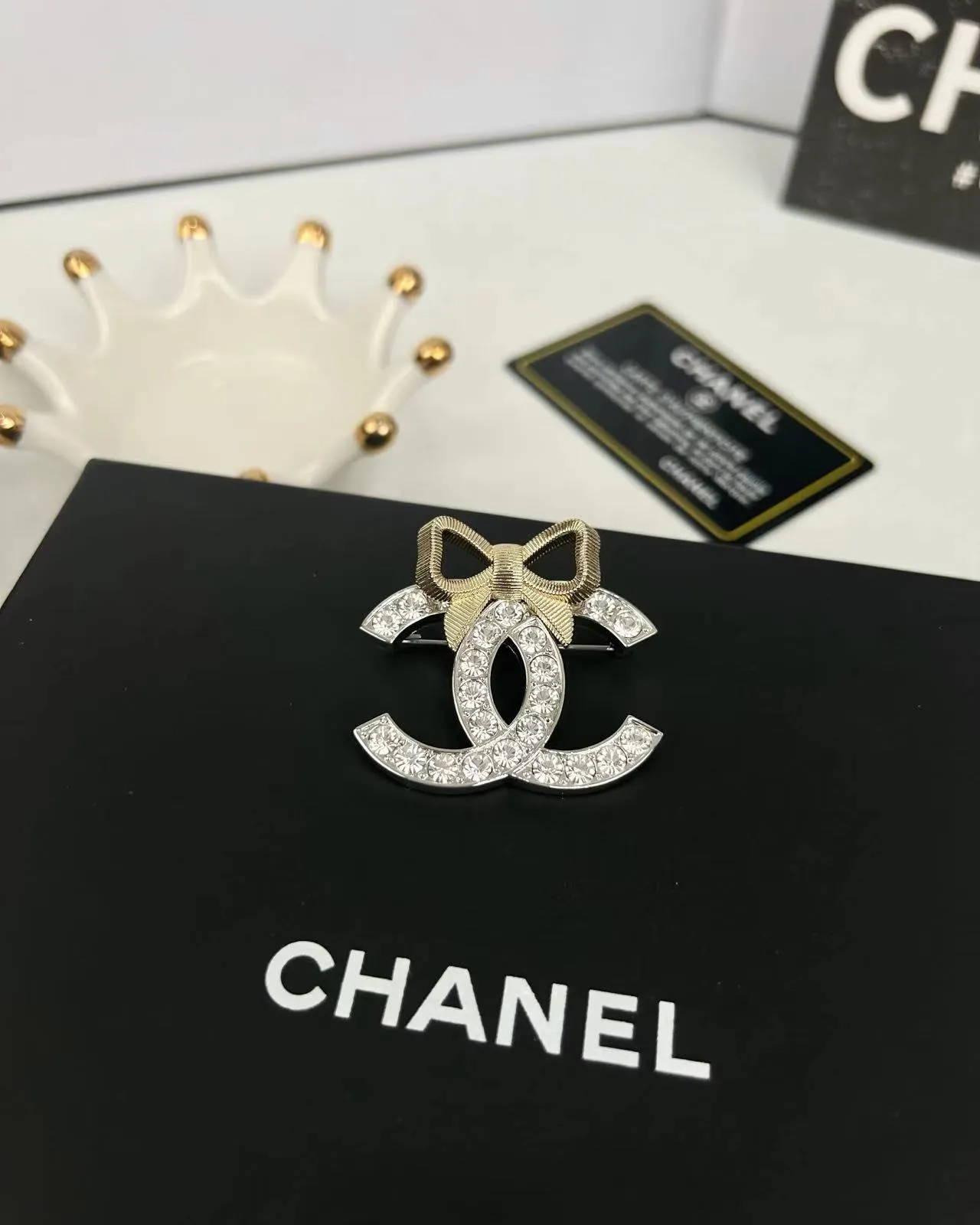 Chanel Light Gold Bow Mixed Silver CC Brooch Earrings Necklace