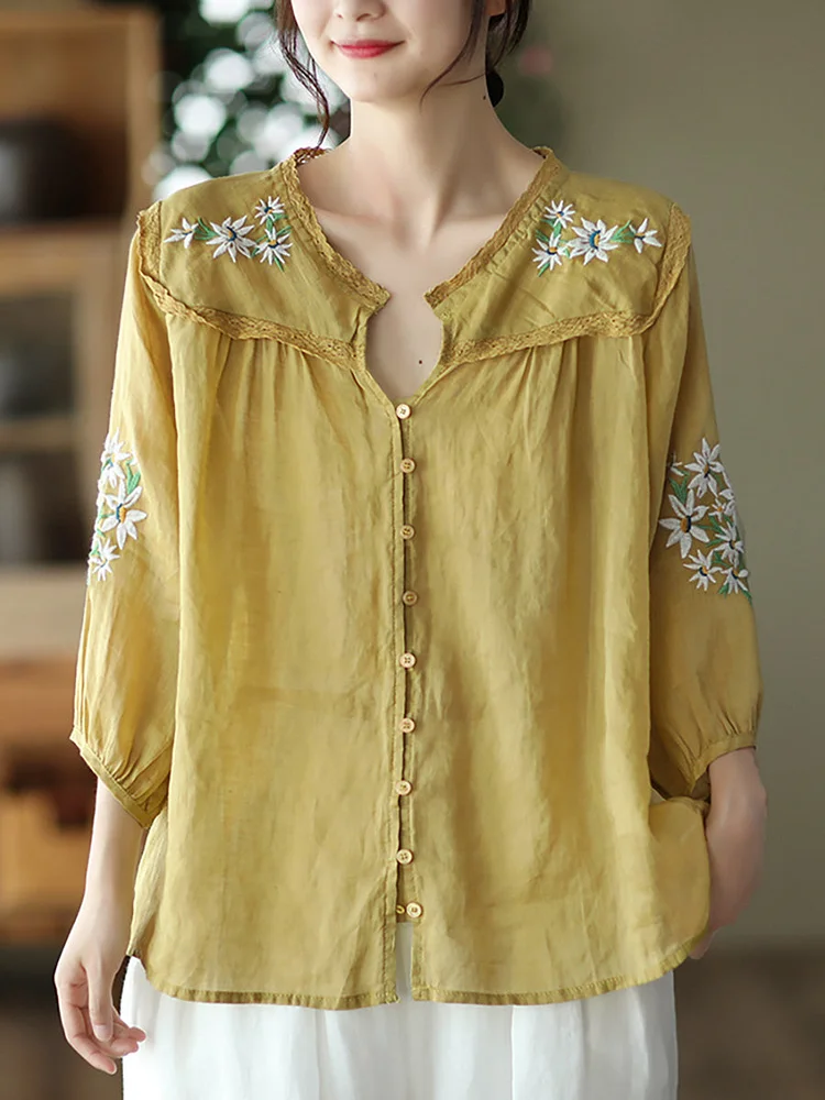 Embroidery Linen Casual Summer Women Shirt