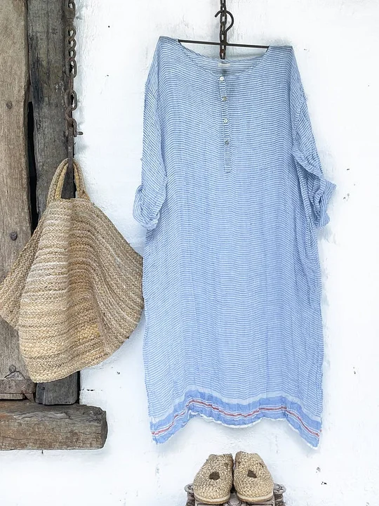 Casual Button Stripe Half Sleeve Dress