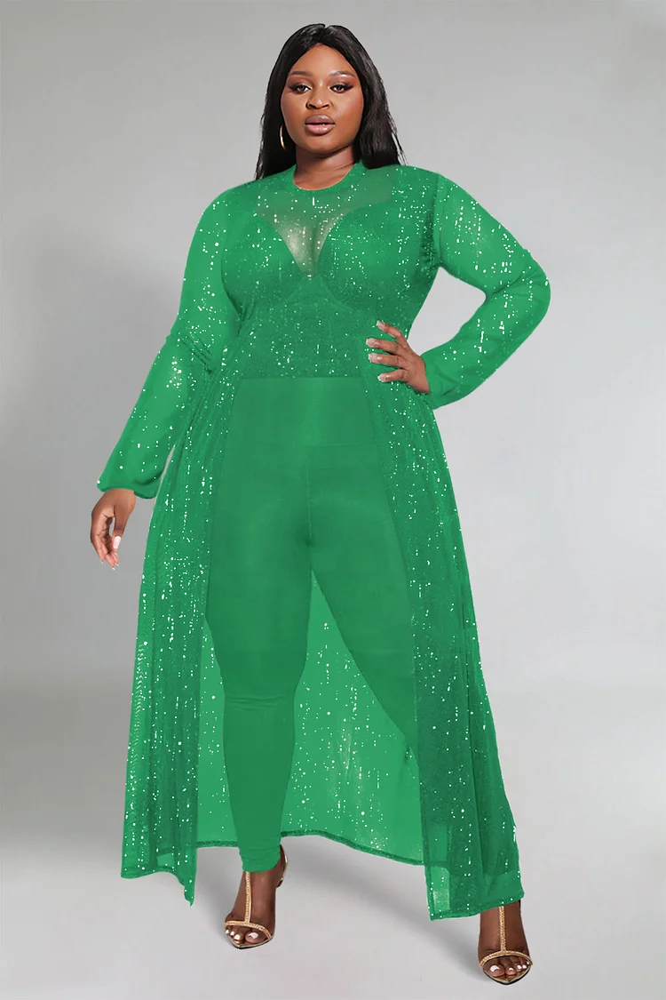 Plus Size Party Pant Set Green Glitter Long Sleeve See-Through Two Piece Pant Set [Pre-Order]