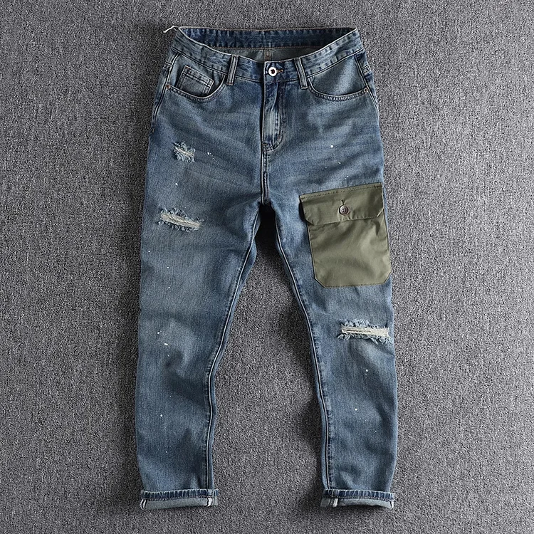 TIMSMEN Vintage Pocket Washed Distressed Ripped Jeans