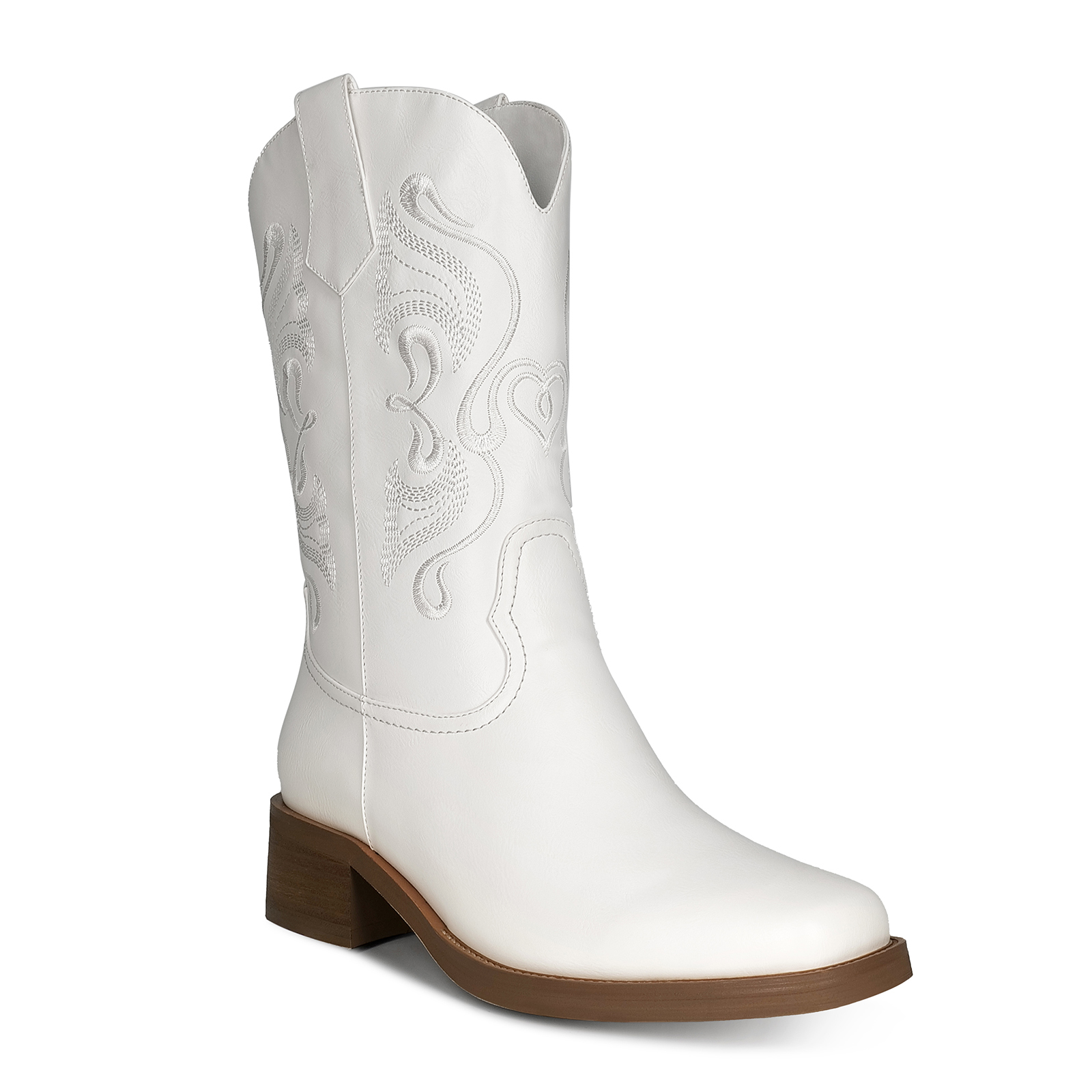 TAAFO Shoe Girls Western Boots Flat Heels Mid Calf Boots Round Toe White Cowboy Boots For Wedding