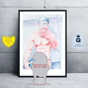 pornhint Pornhint SELFIE nr.1 Gouache painting, Art print or original artwork. LGBTQ+ gay art, gift ideas for him or as home decor, mature