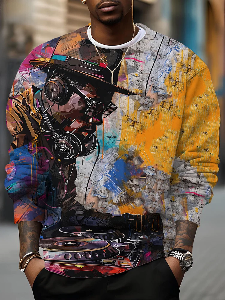 Men's Black Man DJ Oil Painting Print Casual Sweatshirt
