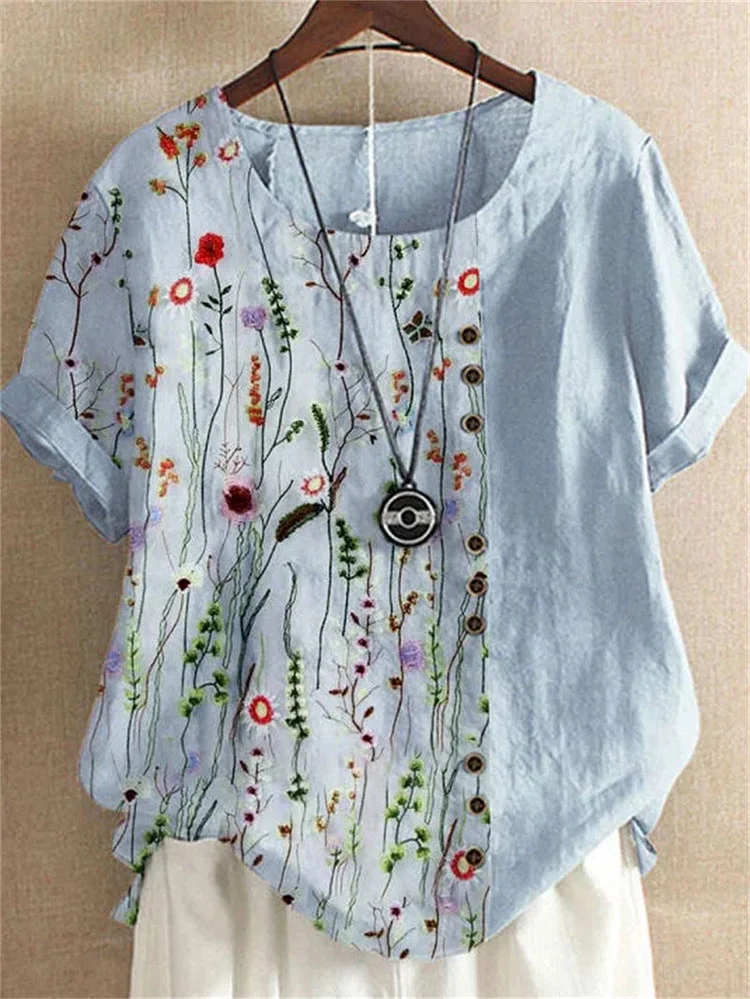 Floral Cotton Linen Print Short Sleeve Crew Neck Shirt socialshop