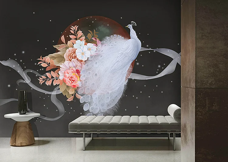 SM1006  Whtie peacock under moon - Wall Mural