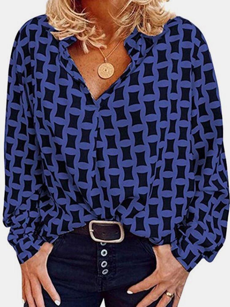 Geometric Printed Stand Collar Long Sleeve Blouse P1662617