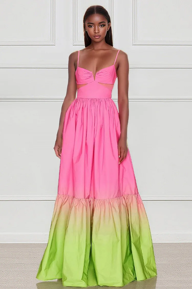 Gradient Color Cut Out A-Line Backless Gowns Slip Maxi Dresses 