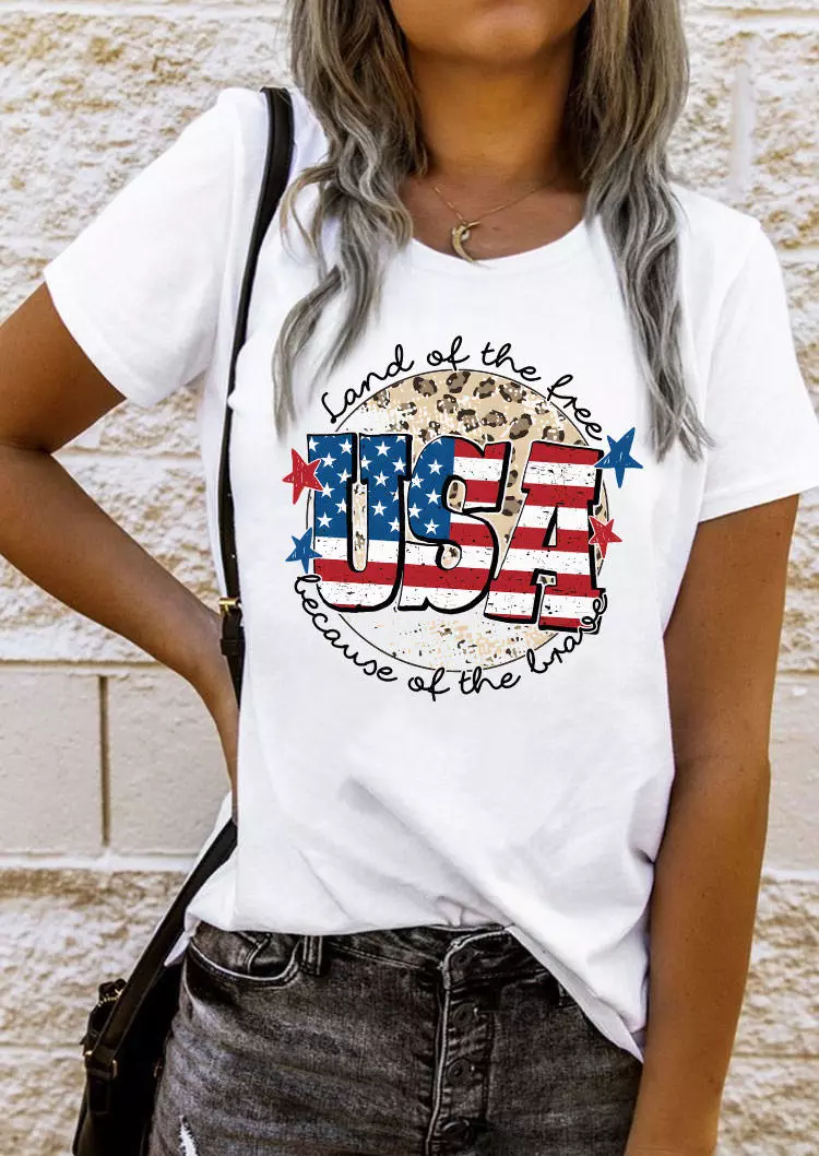 USA Land Of The Free Because Of The Brave Flag Leopard T-Shirt Tee - White
