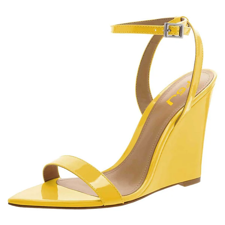 Yellow Patent Leather Ankle Strap Heels Pointed Toe Wedge Sandals |FSJ Shoes