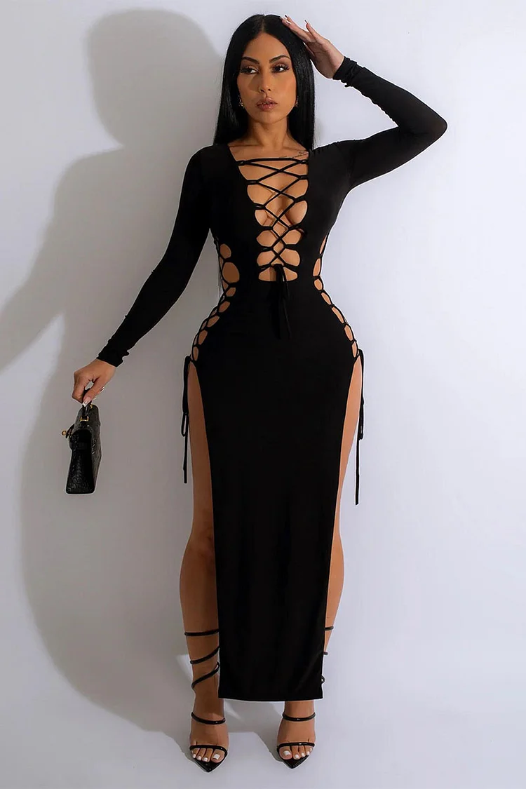 Hollow Out Tie Up Long Sleeve High Slit Cocktail Party Maxi Dress