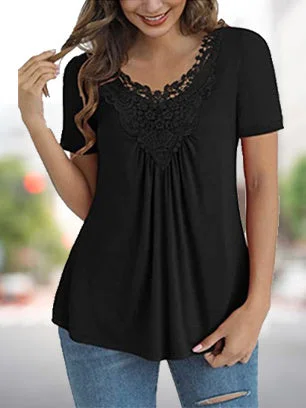 Women's Solid Color Lace Short Sleeve Scoop Neck Top
