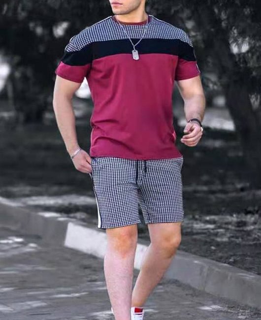 Sporty Color Block Plaid Print Short Sleeve Shirt & Drawstring Shorts 2Pcs Set