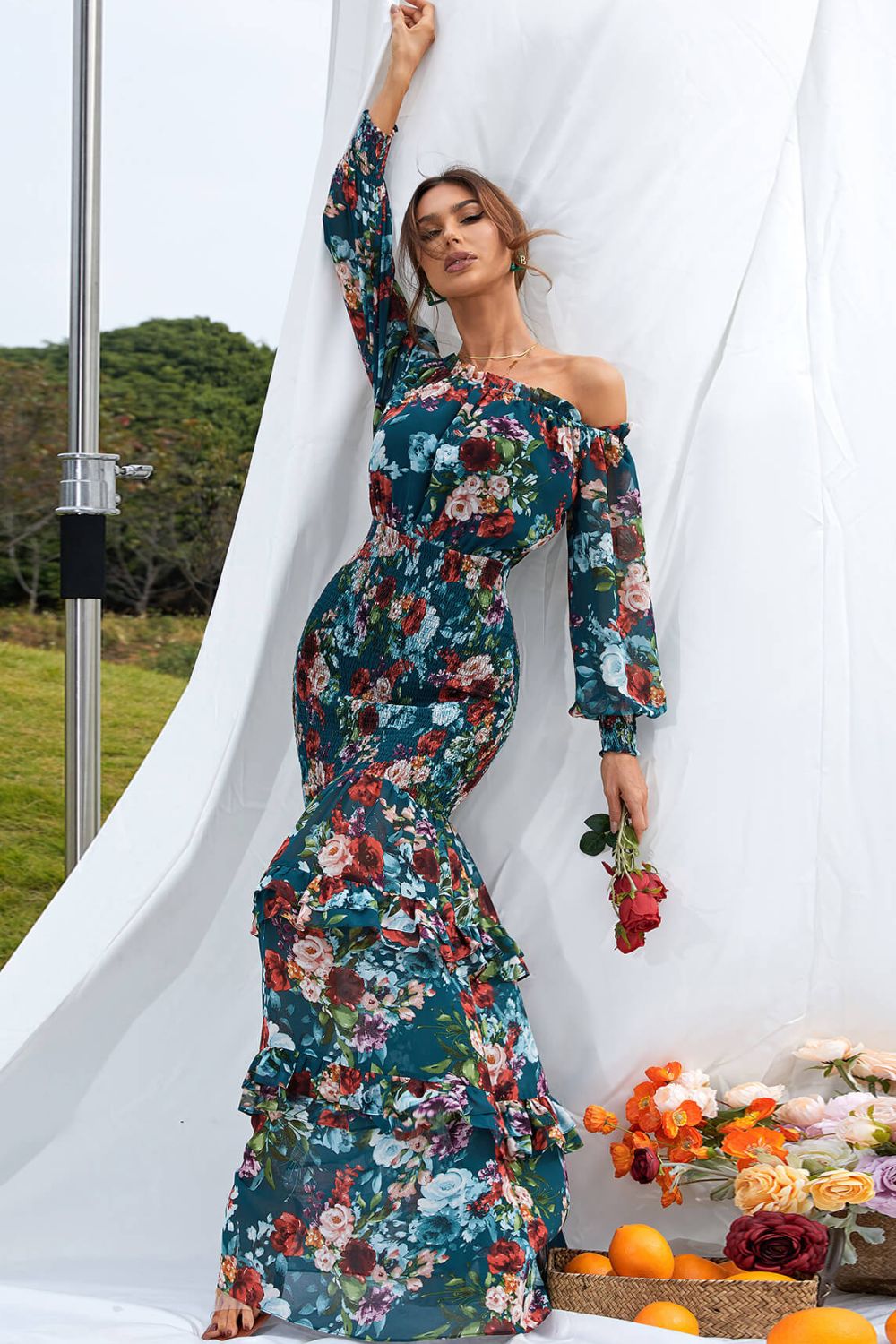 Off Shoulder Flare Sleeve Ruffle Hem Dress