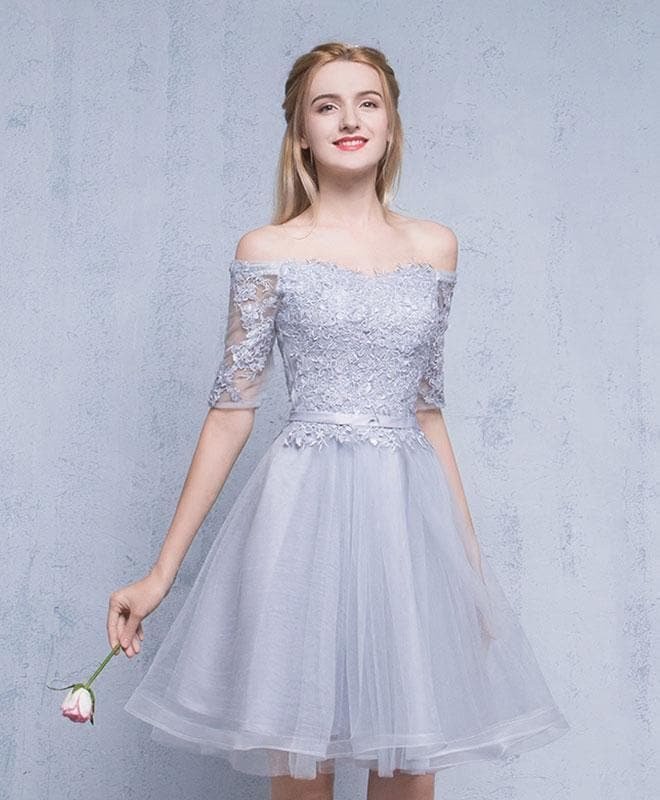 Gray Tulle Lace Short Prom Dress, Homecoming Dress