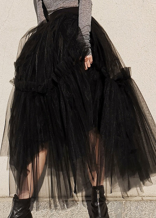 Luxe Denim and Tulle Ruffled Long Skirt
