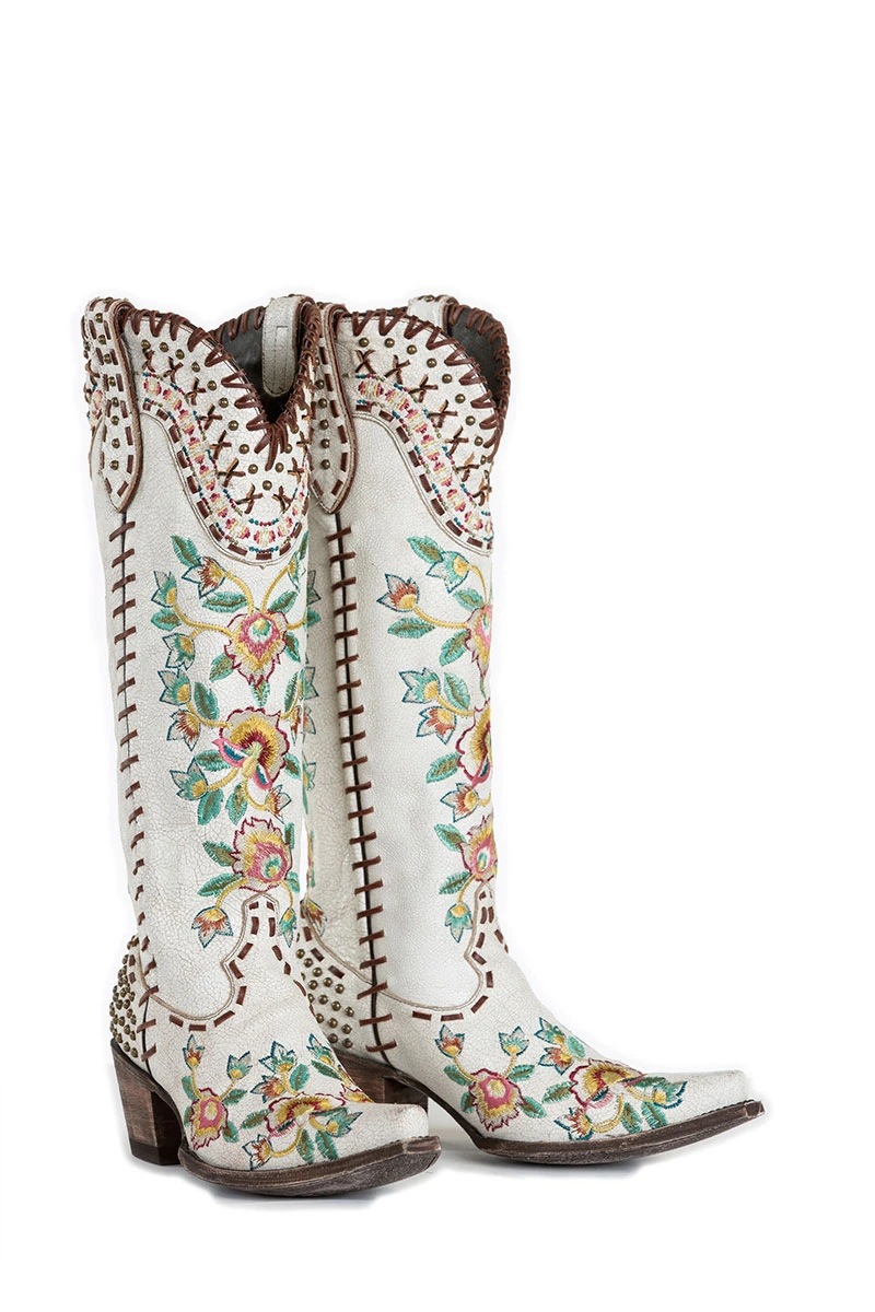 TAAFO White Black Embroidery Flowers Knee High Boots Western Cowgirl Boots Boots For Women And Girls