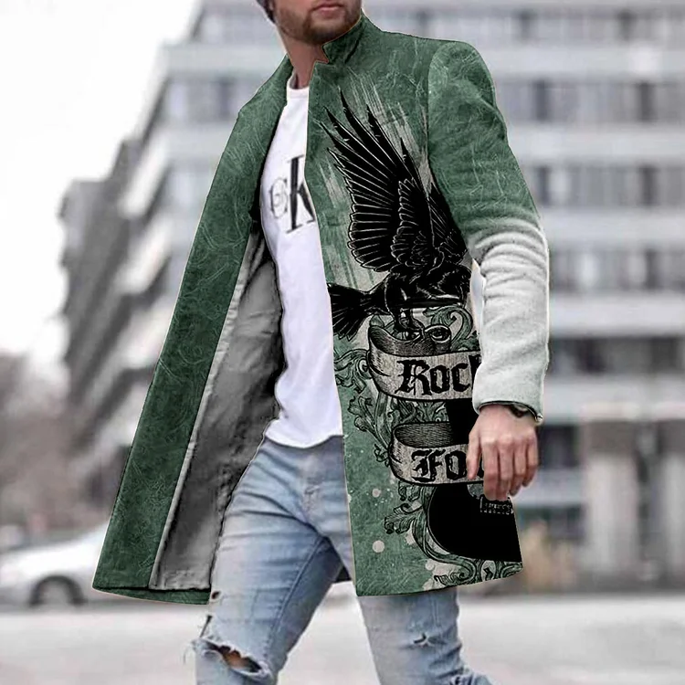 Men's Casual Graphic Pattern Stand Collar Mid-Length Overcoat