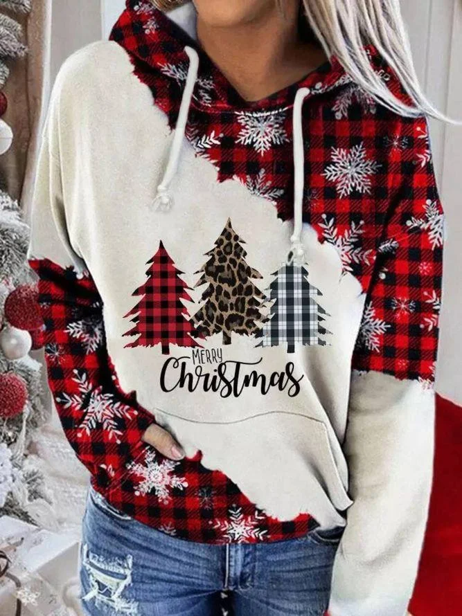 Christmas Tree Printed Plaid Stitching Drawstrting Casual Hoodies socialshop