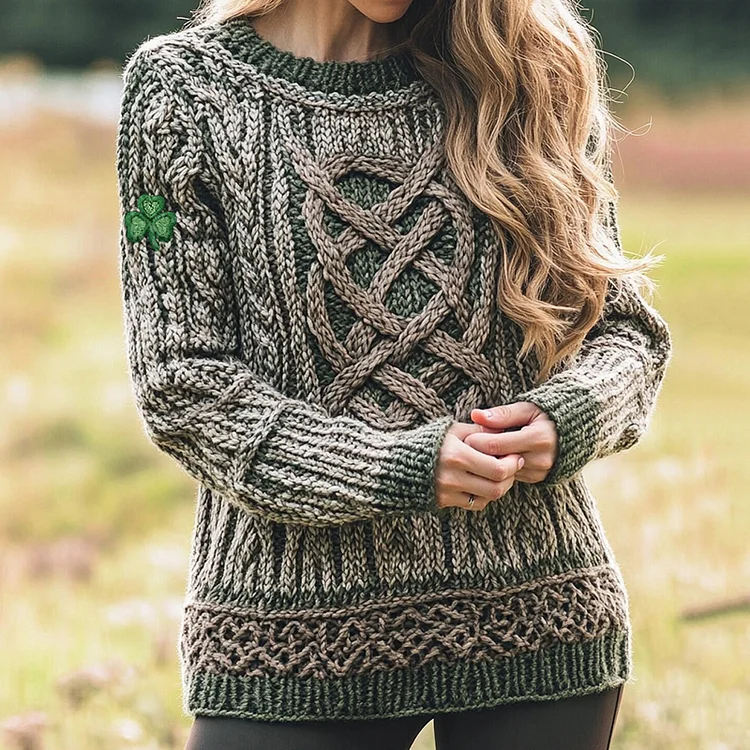 Women's Celtic Knot Jacquard Trefoil Embroidered Sweater