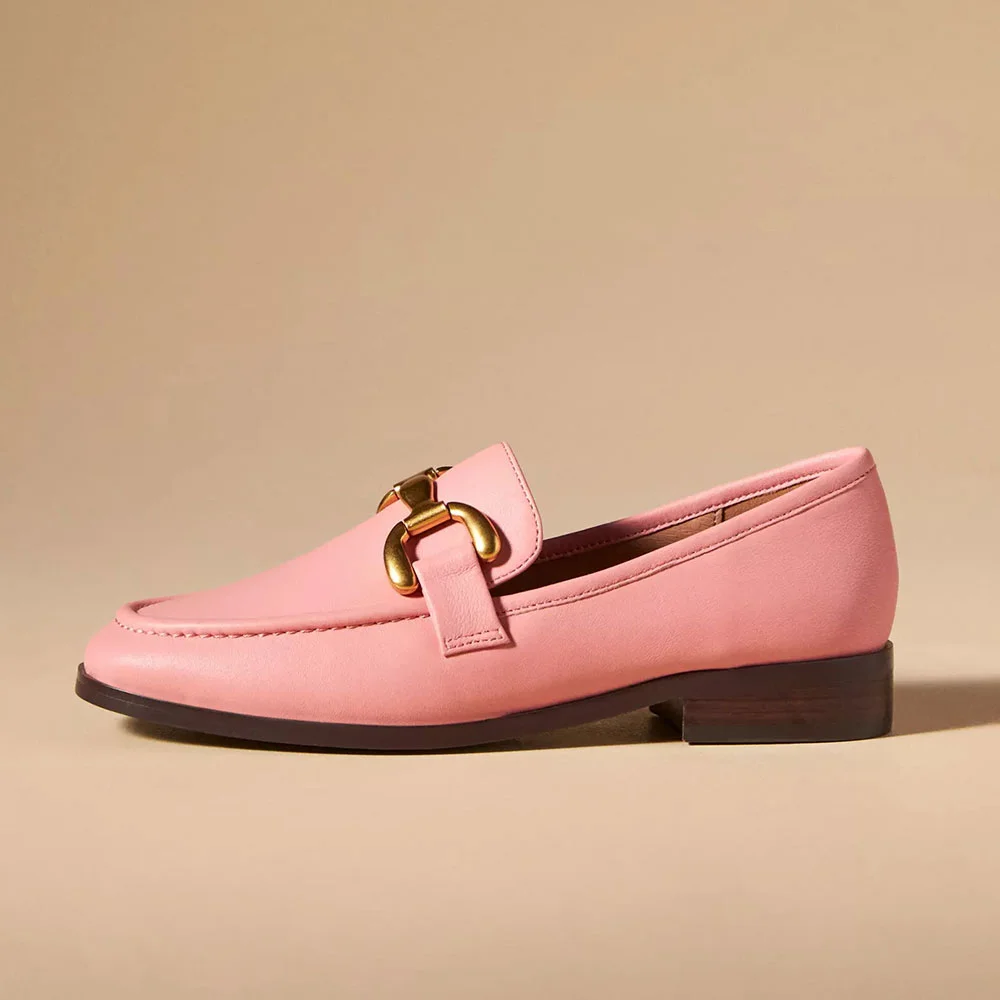 Pink Round Toe Flats Classic Horsebit Women's Loafers Nicepairs