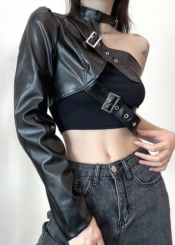 Chic Black Asymmetrical Original Design Faux Leather Coats Spring