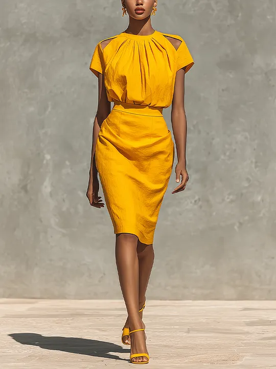 Women's Yellow Cotton-Linen Off-Shoulder Top With Pleated Collar And Pencil Skirt Set
