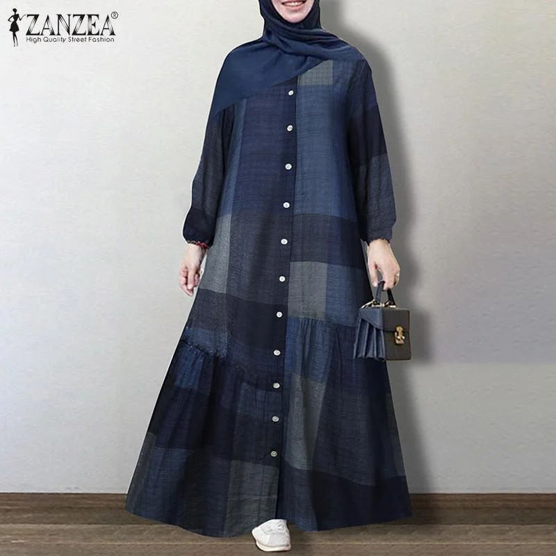 ZANZEA Vintage Printed Sundress Retro Women Dubai Abaya Turkey Hijab Dress Autumn Long Sleeve Kaftan Loose Maxi Long Vestido 7