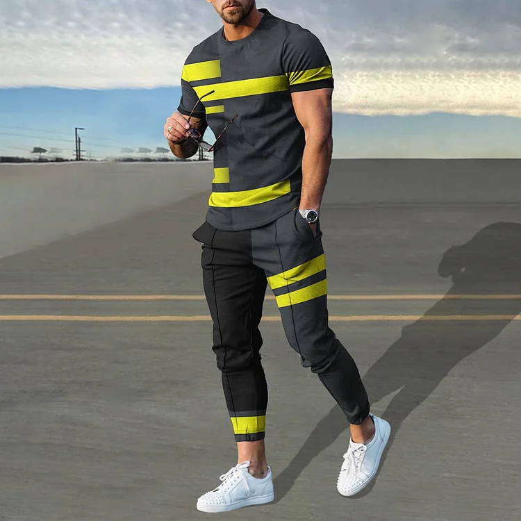 Broswear Yellow Gray Stripes Stitching T-Shirt And Pants Co-Ord